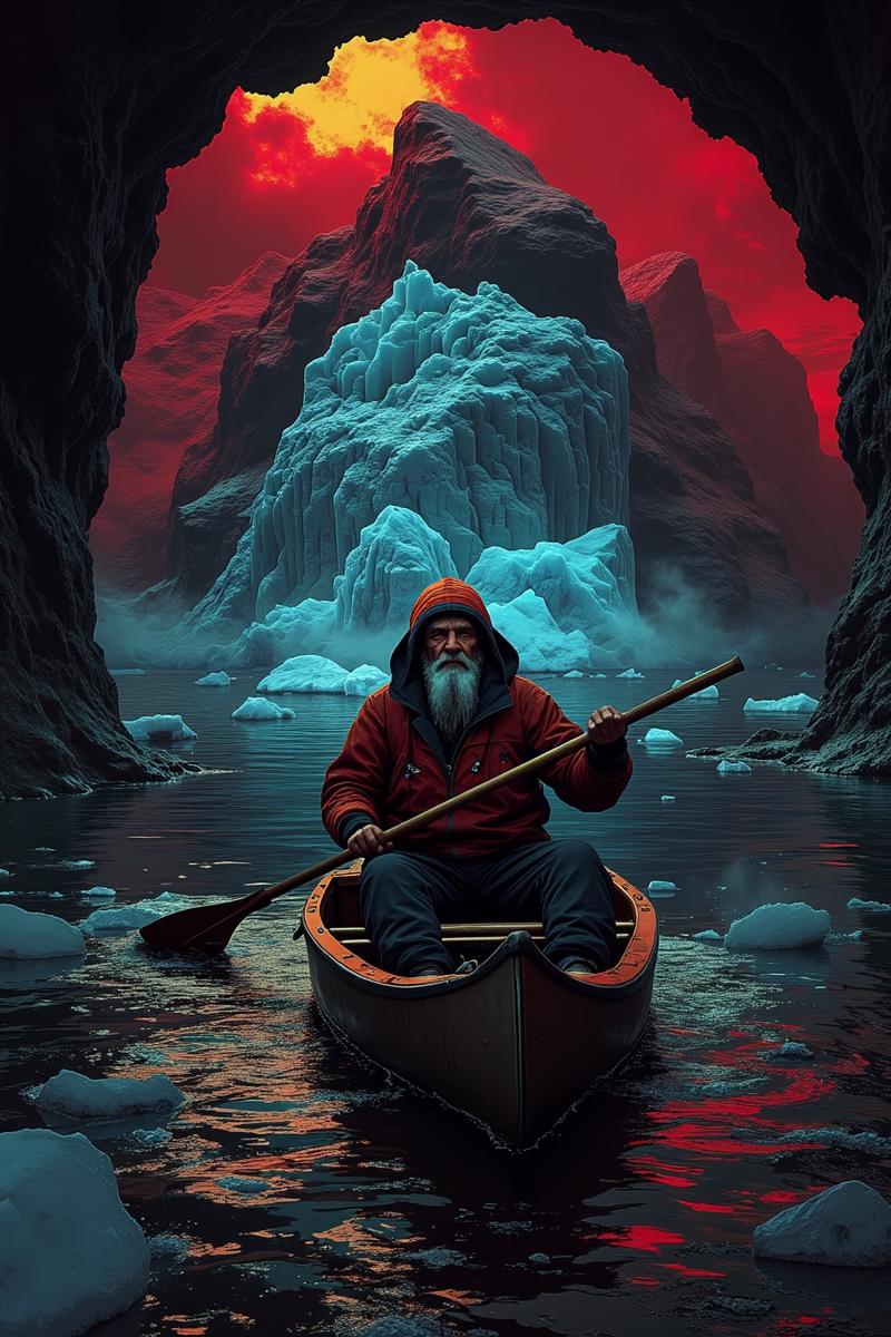 00090-3357504536-An old Argentine man in a wooden kayak, paddling through the Arctic waters, surrounded by icebergs, fog, and mist. He's an Inuit.png